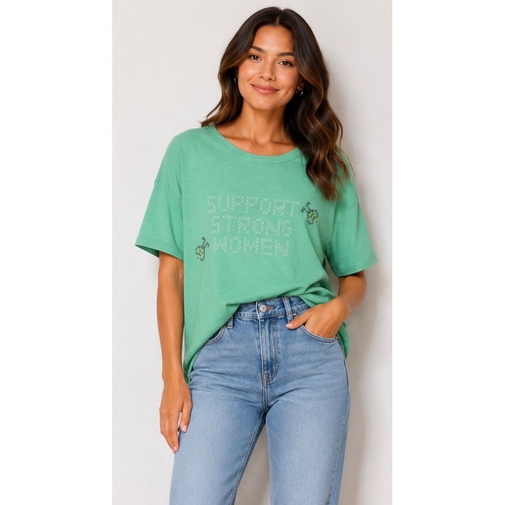 Aerie Support Strong Women Green Cross Stitch Graphic Oversized T-Shirt Large